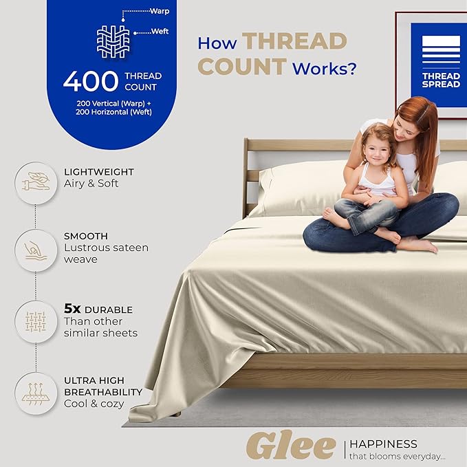 THREAD SPREAD 2-Pack Full Size Sheet Sets - 400 Thread Count 100% Cotton Sateen Weave - Extra Soft, Breathable, Hotel Quality Cooling Sheets, 2 Sets of Full Size Deep Pocket Bed Sheets (Ivory)