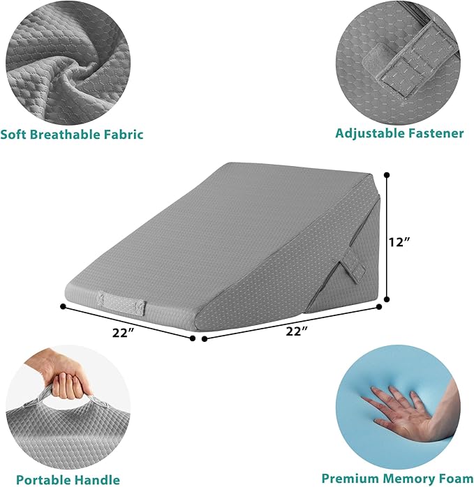 Bedluxe Wedge Pillow for Sleeping, Adjustable 9&12 Inch Foldable Bed Wedge Pillow Set, Orthopedic Memory Foam Triangle Pillows Wedge, 7-in-1 Elevated Pillows for Leg and Back Support, Grey