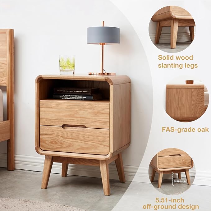 Solid Wood Nightstand Set of 2, Mid Century Modern Nightstand with Drawers, Natural Wood Nightstand with Storage, Wooden Night Stand, Small Nightstands, Bedside Table for Bedroom(23.23" H)