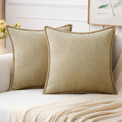 MIULEE Pack of 2 Couch Throw Pillow Covers 24x24 Inch Beige Farmhouse Decorative Pillow Covers with Stitched Edge Soft Chenille Solid Dyed Spring Pillow Covers for Sofa Bed Living Room