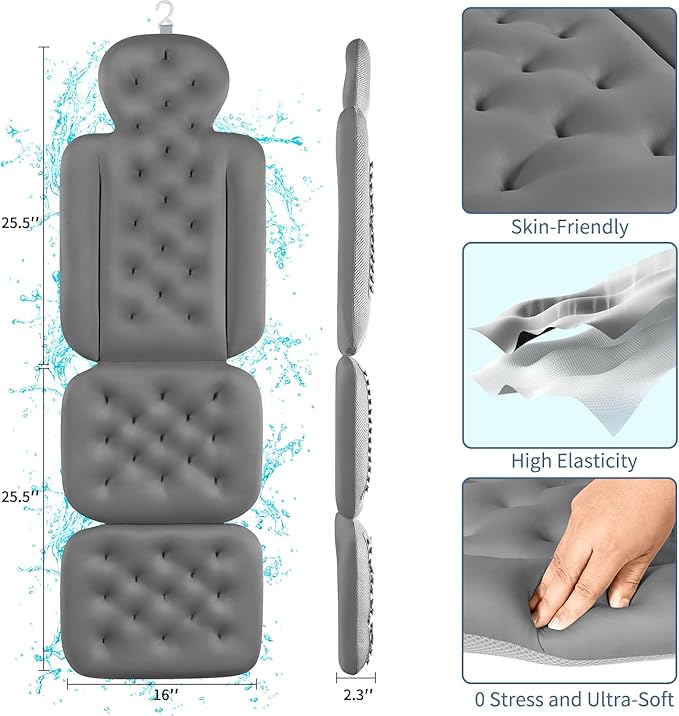 Bath Cushion, Full Body Bathtub Pillow with 160 Suction Cups, Bath Mat for Head and Neck Support, with Laundry Bag (Dark Gray, 51.2" x 16.2")