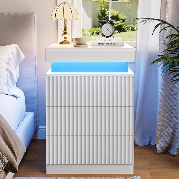 Nightstand with Charging Station & LED Lights, Modern Small Fluted Bedside & End Table with 3 Drawers, Sliding Top & Hidden Storage, Wooden Farmhouse Night Stand for Bedroom Office Sofa, White