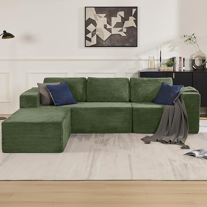 106" 3-Seater Sofa, Cloud Modular Sofa with Certified Foam, Upholstered Floor Sofa with Deep Seat, Sofa for Bedroom Living Room, No Assembly Required (Green, Plush Corduroy Fabric)