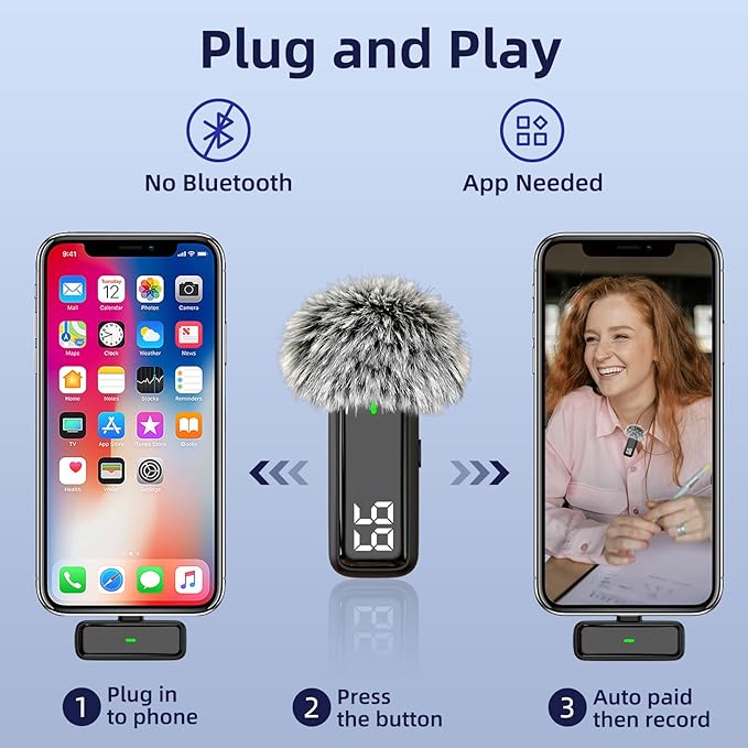 Wireless Microphone for iPhone Android Lav Mic USB C Lavalier Microphone Type C Lapel Mic for iPhone 15/16 iPad Video Recording Vlog TikTok - 24H Charging Case Noise Reduction