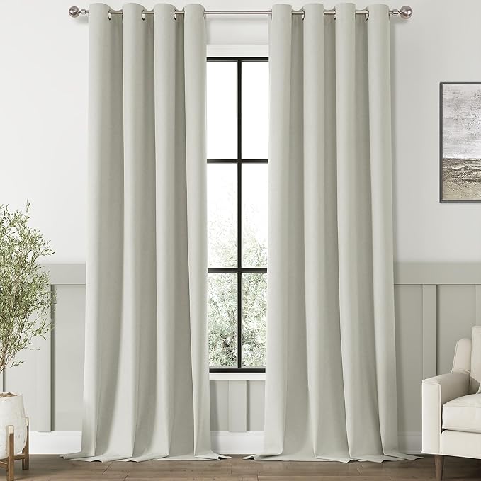 ChrisDowa 100% Blackout Greyish Beige Solid Curtains 96 Inches Long 2 Panels for Bedroom Living Room,Farmhouse Room Darkening Thermal Insulated Soundproof Grommet Top Window Treatment Drapes,52x96