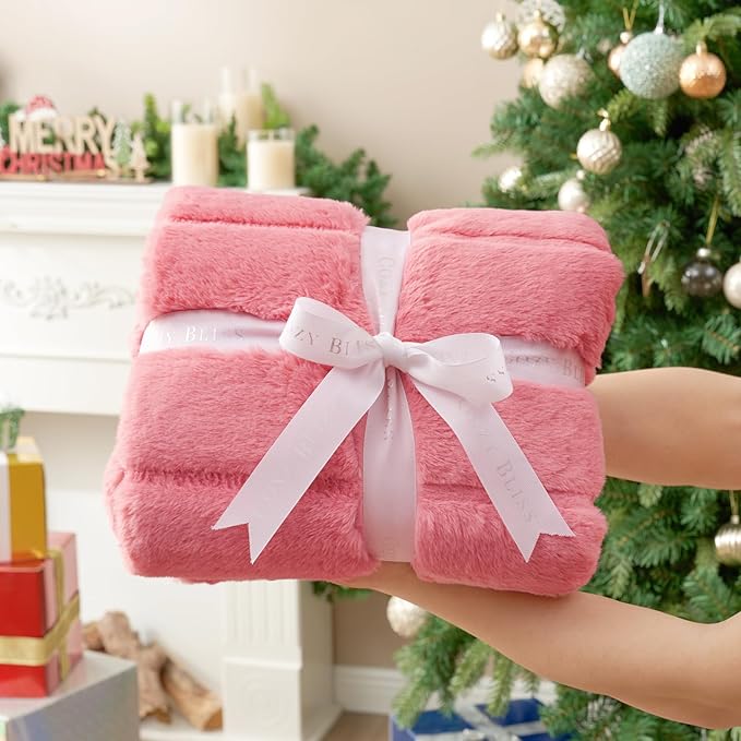Cozy Bliss Faux Fur Throw Blanket for Couch, Cozy Warm Plush Striped Blanket for Sofa Bedroom Living Room, 90 * 90 Inches Pink