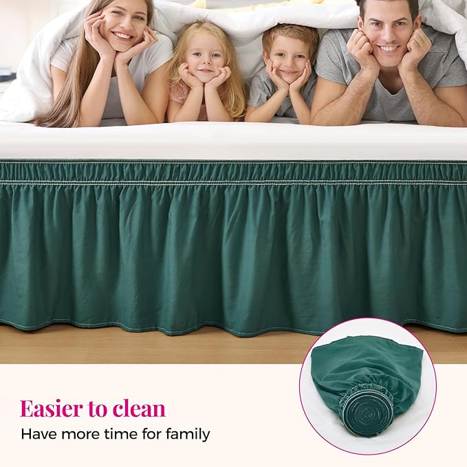 RIMELA Emerald Green Bed Skirt King Size 15 Inch Drop, Wrap Around Elastic Bedskirt, Dust Ruffle for Adjustable Bed Base Machine Washable Easy to Install Bed Skirts