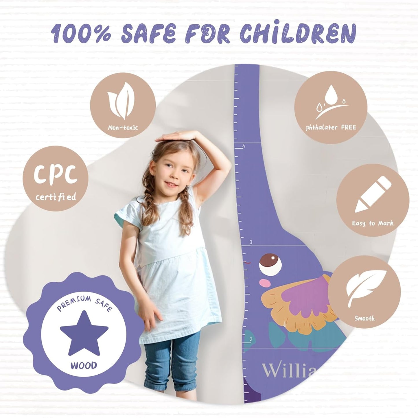 Personalized Name Growth Chart for Kids, Elephant Patchwork Wooden Height Chart for Wall Decor, Custom Height Ruler, Baby Boy Girl Measurement Ruler for Bedroom Playroom, Easy to Mark