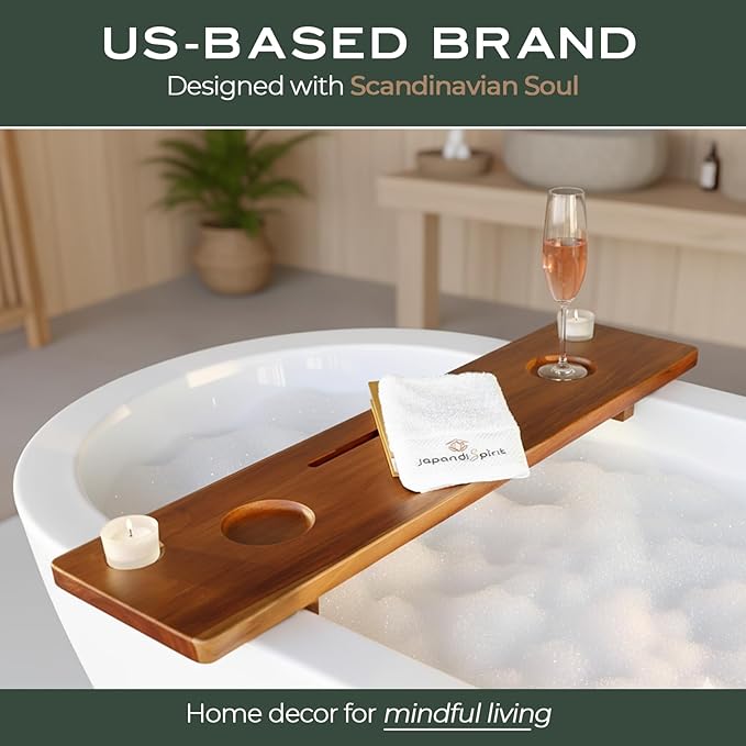 Grand Fjord Teak Bathtub Tray for Large Soaking Tub – Extra Long 35” Luxury Bath Tray for Freestanding Tubs with Candle Holders, Tealight Jars & Premium Towel by JapandiSpirit