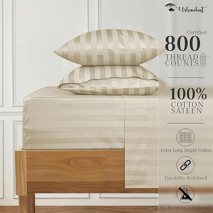 URBANHUT 800 Thread Count 100% Cotton Damask King Size Sheets, 4 Piece Striped King Size Bedsheets, Luxury Hotel Sheets Sateen Weave - Better Than Egyptian, 16" Elasticized Deep Pocket- Ivory