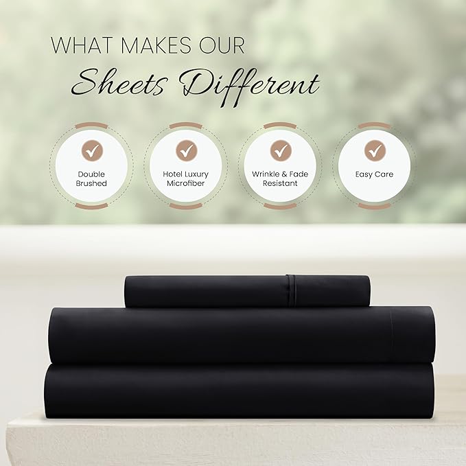 Linen Market Brushed Microfiber Twin Sheet Set 3 Piece – Oeko-TEX Certified Ultra Soft & Wrinkle-Free - 16" Deep Pocket Sheets - Easy Care Twin Size - Black