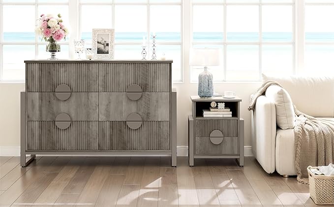 LGHM Fluted Dresser for Bedroom with 6 Drawers, Modern 6 Drawers Dressers with Semicylinder Fluted, Solid Chest of Drawers, 50" W Dresser with Bold Steel Frame, Metal Handles, Gray