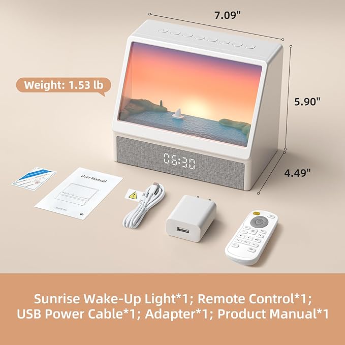 Ocean Sunrise Alarm Clock Wake Up Light, 6 Nature Scenes, White Noise, Sunset Simulation, Sleep Aid Night Light for Bedroom, Kids and Adults