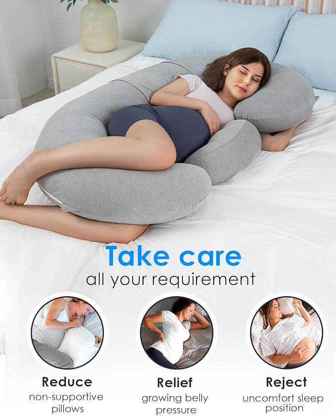 QUEEN ROSE Pregnancy Pillow, E Shaped Body Pillows for Sleeping Support, 60 Inch Maternity Pillow for Pregnant Women with Cooling Silky Cover, Grey