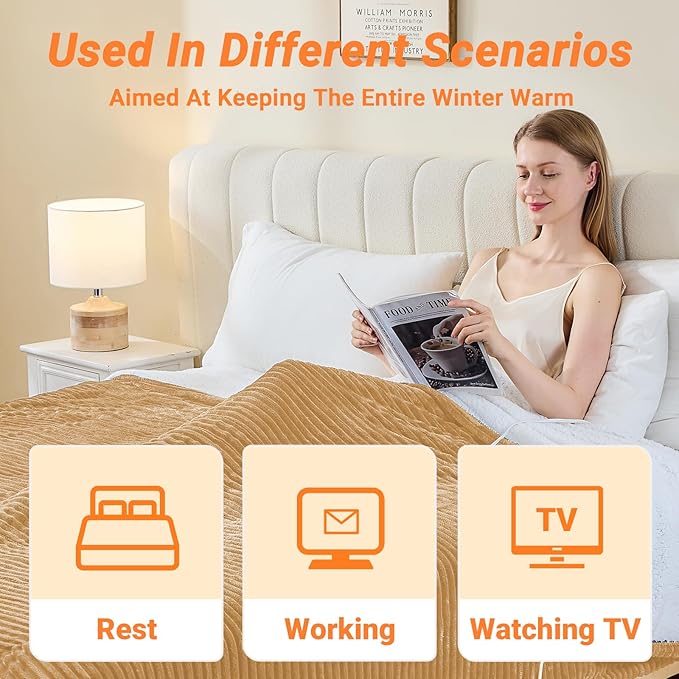 Heated Blanket Electric Queen, Soft Flannel Heating Blanket with 8 Hours Auto Off 10 Fast Heating Levels Machine Washable Sherpa Heated Blanket with Overheating Protection