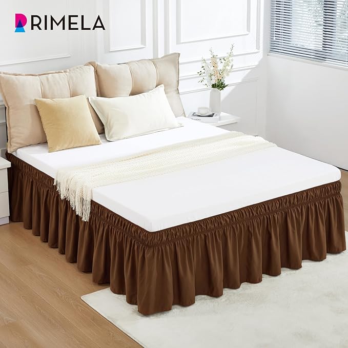 RIMELA Bed Skirt Queen Size 18 Inch Drop, Elastic Bed Skirting for Bed Base and Frame, Bedding Dust Ruffle Easy to Install,Wrap Around Adjustable Bedskirt, Chocolate Brown