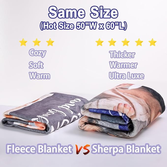 Sherpa Fleece Custom Photo Blanket - Soft, Warm, Fuzzy - Personalized Couples Gifts for Boyfriend, Girlfriend - Customized Picture Blanket for Birthday, Christmas