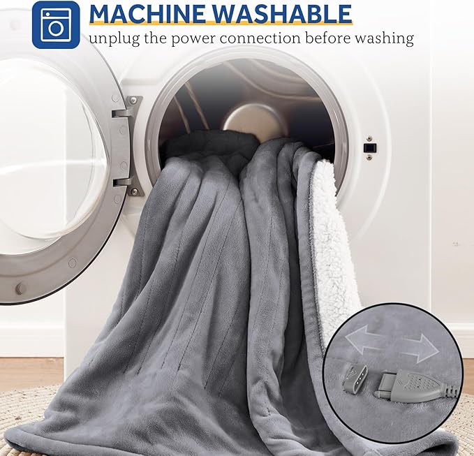 SEALY Electric Blanket Queen Size, Flannel & Sherpa Heated Blanket with 10 Heat Setting & 1-12 Hour Auto Shut Off, Fast Heating Blanket, Machine Washable, Light Grey, 84 x 90 Inch