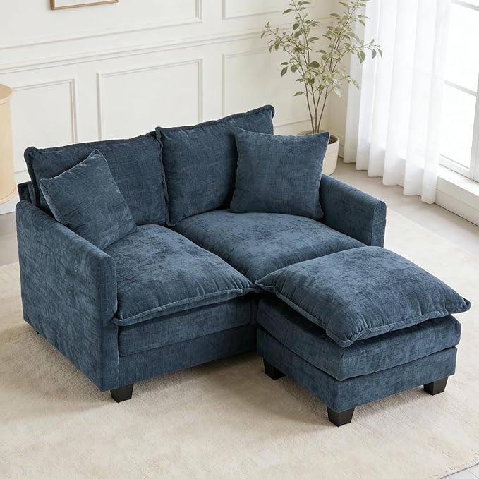 Loveseat Sofa with Ottoman, 50'' Modern L-Shape Cloud Couch Sofa Loveseat with 22'' Ottoman for Small Space/Apartment/Office/Living Room 8834-BLUE-L