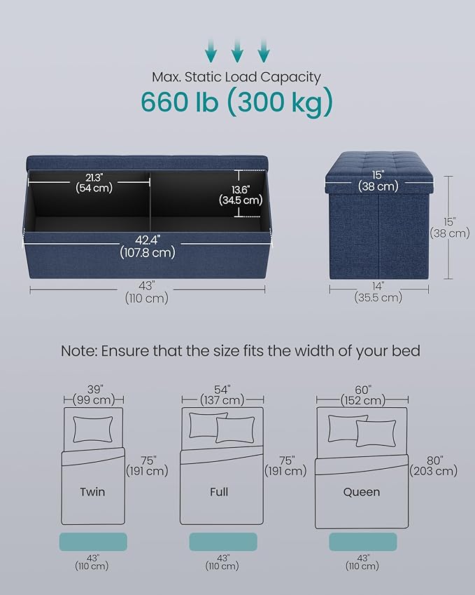 SONGMICS MAZIE Collection - 43 Inches Folding Storage Ottoman Bench, Ottoman Foot Rest, End of Bed Bench, Storage Chest, Load 660 lb, for Living Room, Bedroom, Entryway, Midnight Blue ULSF77IN