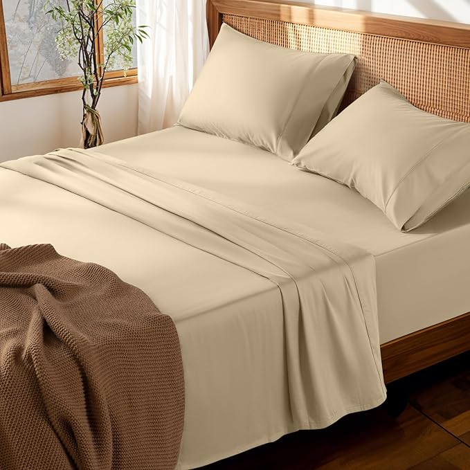 LBRO2M 100% Cotton Sheets Set Deep Pocket 19", 1000 Thread Count King Size 4 Piece Bed Sheet Sets Soft Comfortable Bedding All Season (King, Linen)