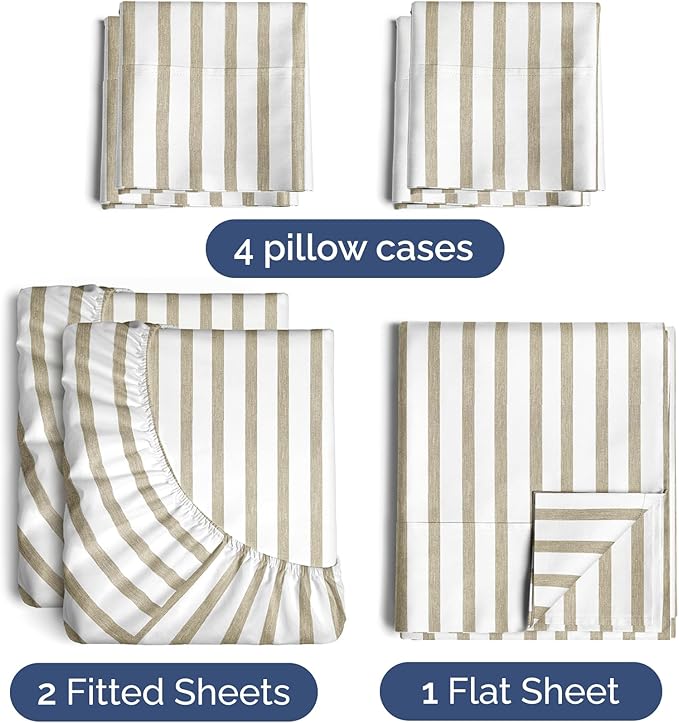 Split King 7 Piece Sheet Set - Cooling & Breathable - Hotel Luxury Bedding, Includes Fitted Sheets for Women, Men, Kids & Teens - 1 Flat, 2 Fitted Sheets, 4 Pillowcases w/Deep Pockets - Beige Stripes