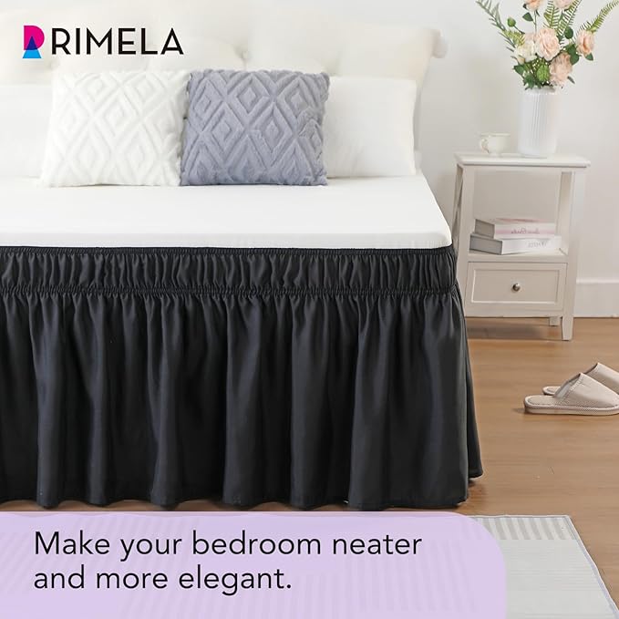 RIMELA Black King Size Bed Skirt 12 Inch Drop, Elastic Bed Skirts Cal King Dust Ruffle, Black Bedskirt for Adjustable Bed Base Solid Fade Resistant Silky Fabric Machine Washable Easy to Install