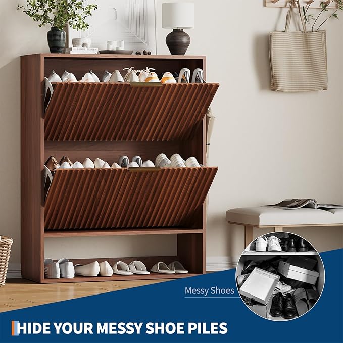 Garvee Fluted Shoe Storage Cabinet, Slim Hidden Shoe Rack Cabinet with 2 Flip Drawers & Bottom Open Shelf, Freestanding Entryway Organizer, Perfect for Closet, Hallway, Foyer, Walnut