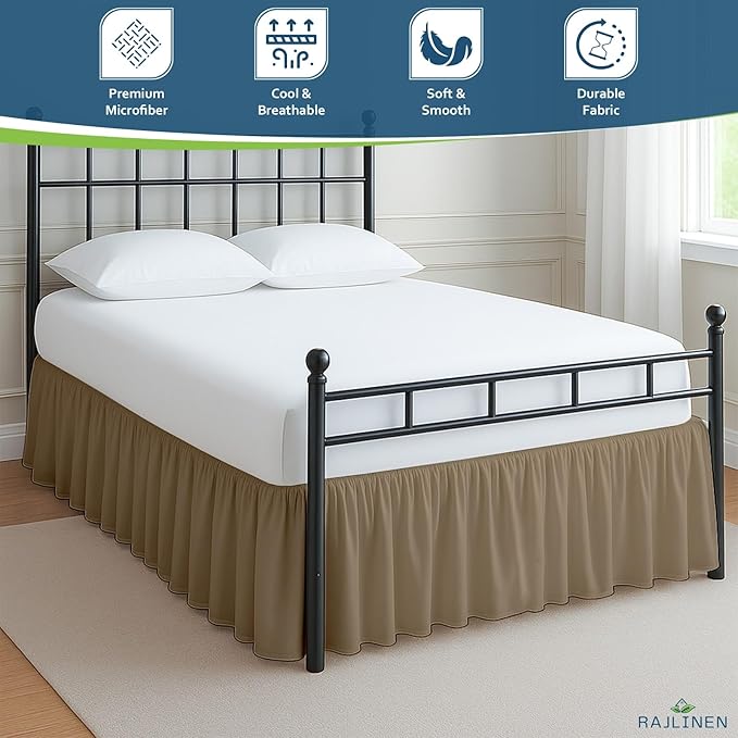 Rajlinen Ruffled Bed Skirt Full, 8 Inch Drop Dust Ruffle with Split Corners, 100% Microfiber Bedskirt with Platform, Three-Sided Coverage Ruffled Gathering Design, Taupe