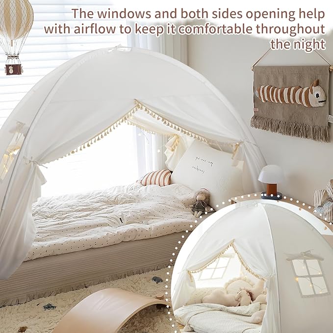 Razee Twin Bed Tent for Kids, Twin Size Toddler Canopy Indoor Princess Playhouse Privacy Tents on Bunk Bed Sleep for Girls Boys, Kid Toys for Birthday Gift, Bohemian Tassel, White