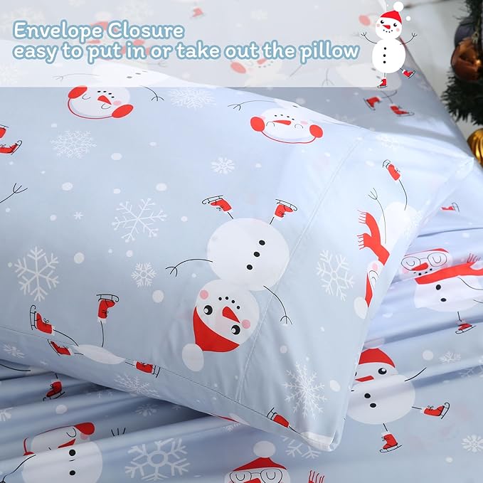 JSD Snowman Kids Sheet Set Full Size, 4 Piece Blue Snowflakes Christmas Printed Microfiber Sheets Deep Pocket