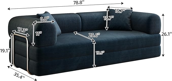 79" Convertible Sofa Bed with Fixed-Shape Frame, Corduroy Folding Pull Out Couch, No Assembly Modern Boneless Couch Compression Sofa in Box, Floor Sofa for Living Room,Blue