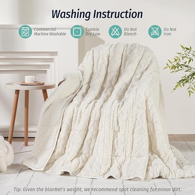 Wemore Weighted Blanket for Adults Twin Size 15 lbs, Dual Sided Soft Fuzzy Jacquard Sherpa Weighted Blankets for Sleeping, Cozy Fluffy Knitted Heavy Blanket for Couch Bed, Cream White, 60 x 80 inches