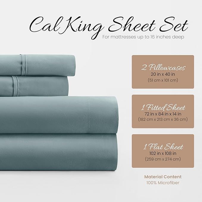 Linen Market Bed Sheets for California King Size Bed (Ocean) - Sleep Better Than Ever with These Soft and Cooling California King Sheets - Deep Pocket Fits 16" Thick Beds - 4 Piece Cal King Sheet Set
