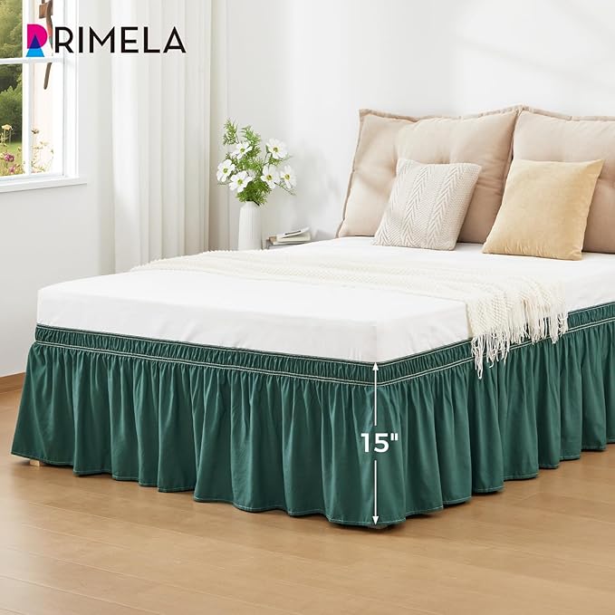 RIMELA Emerald Green Bed Skirt King Size 15 Inch Drop, Wrap Around Elastic Bedskirt, Dust Ruffle for Adjustable Bed Base Machine Washable Easy to Install Bed Skirts