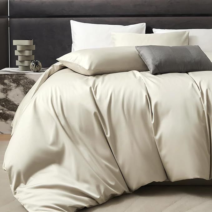 PURE ERA Duvet Cover Set 800 Thread Count Long Staple Cotton Sateen Silky Soft Luxurious Smooth 3 Piece Set Beige Queen