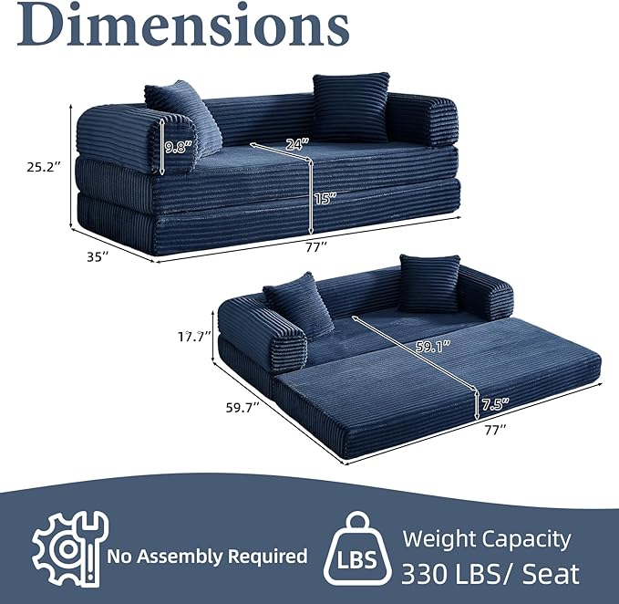 78 Inch Convertible Folding Sleeper Sofa Bed, Fold Out Floor Sofa Couch with Fixed-Shape Frame, Cloud Corduroy Foldable Mattress Couch for Living Room Bedroom (Blue)