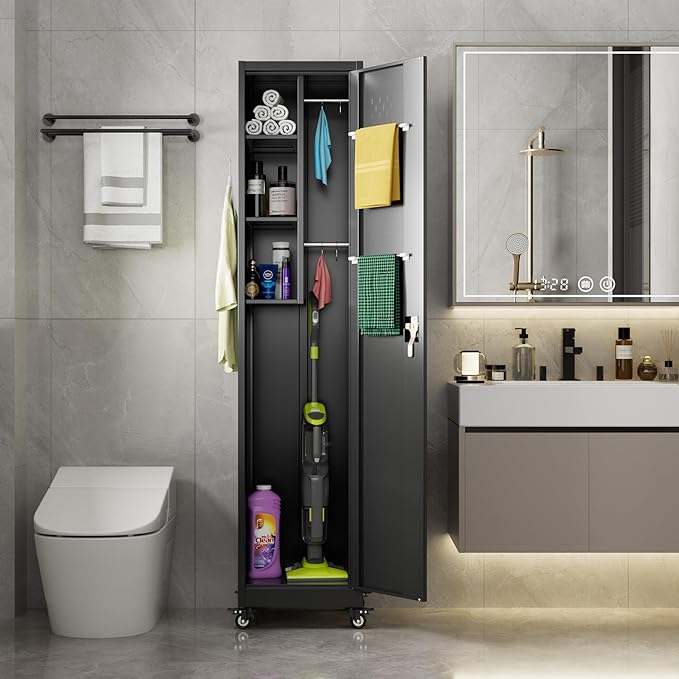 15.75 in Wide Garage Storage Cabinet, Metal Storage Cabinet with Wheels and 2 Adjustable Shelves for Home Offices, Gyms and Pantries, Black