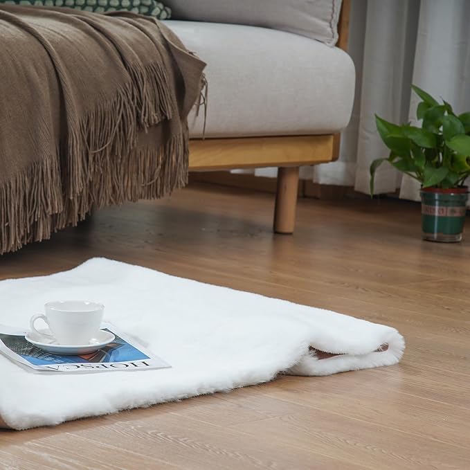 Latepis White Runner Rugs for Bedroom Soft Fuzzy Faux Sheepskin Rug 2x6 Faux Rabbit Fur Rugs Non-Slip Washable Shag Fluffy Rug for Living Room Nursery Dorm