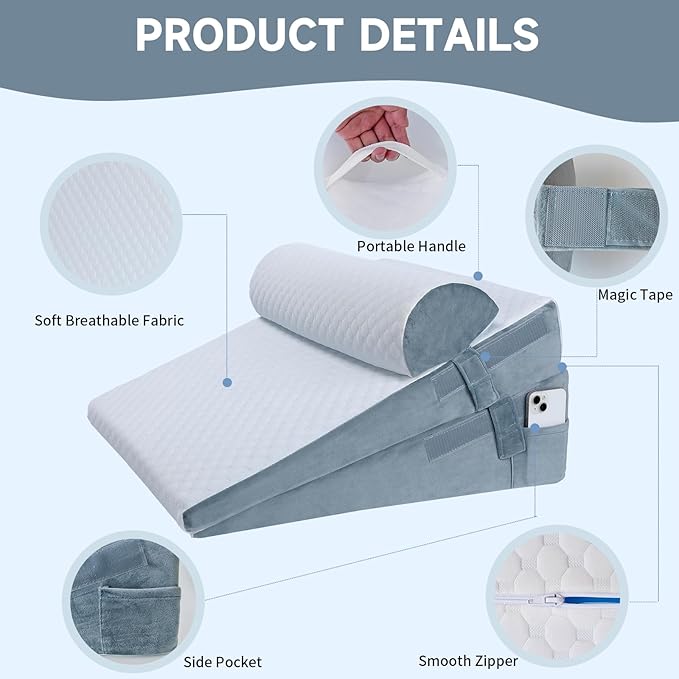 Bed Wedge Pillow for Sleeping, 3 Pcs Adjustable Height 4.5&7.5&12 Inch Triangle Pillow Wedge for Post Surgery, Acid Reflux, Snoring, Legs Pain Relief (Gray)