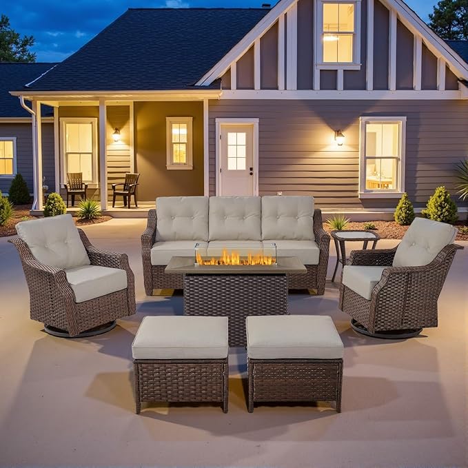 Belord Luxurious 7 Piece Patio Furniture Set with Fire Pit Table, High Back Wicker Swivel Rocker Glider Outdoor Chairs with 6" Cushion, All-Weather Patio Conversation Set for Yard Garden - Brown/Beige