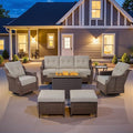 Belord Luxurious 7 Piece Patio Furniture Set with Fire Pit Table, High Back Wicker Swivel Rocker Glider Outdoor Chairs with 6" Cushion, All-Weather Patio Conversation Set for Yard Garden - Brown/Beige