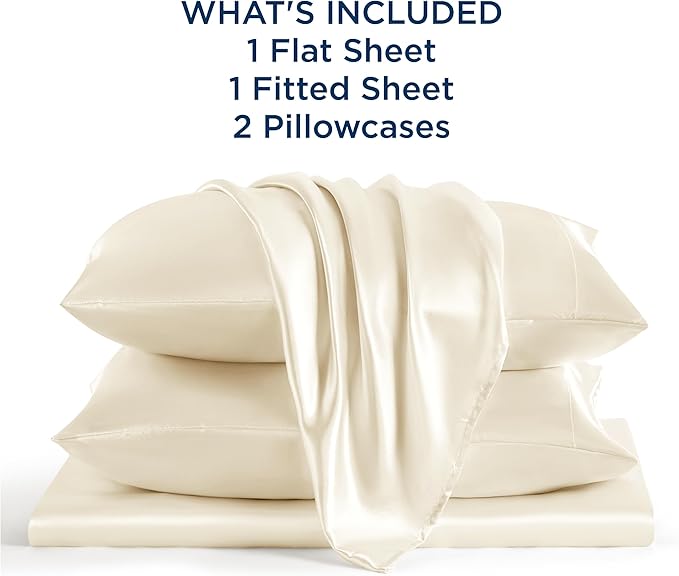 Bedsure Satin Sheets Queen Size - 4 Piece Silky Bedsheets with 15 Inches Deep Pocket Fitted Bedsheet,1 Flat Sheet, 2 Satin Pillowcases, Good for Hair & Skin (Queen, Cream)
