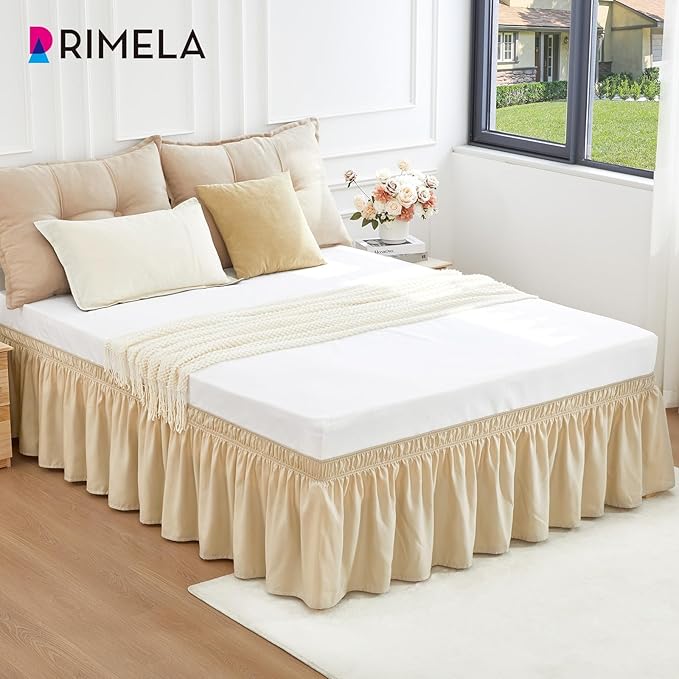 RIMELA Oatmeal Bed Skirt King Size 18 Inch Drop, Elastic Bed Skirting for Bed Base and Frame, Bedding Dust Ruffle Easy to Install, Lightweight Wrap Around Adjustable Bedskirt