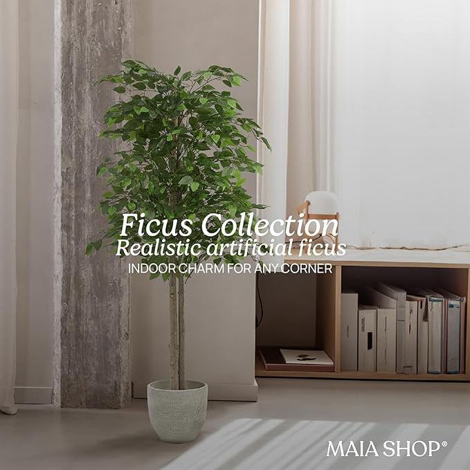 Maia Shop 5ft Artificial Ficus Tree Plant for House, Apartment or Office – Realistic Fake Indoor Plants for Living Room, Kitchen, Bedroom, Entryway or Bathroom – Faux Greenery for Home Décor