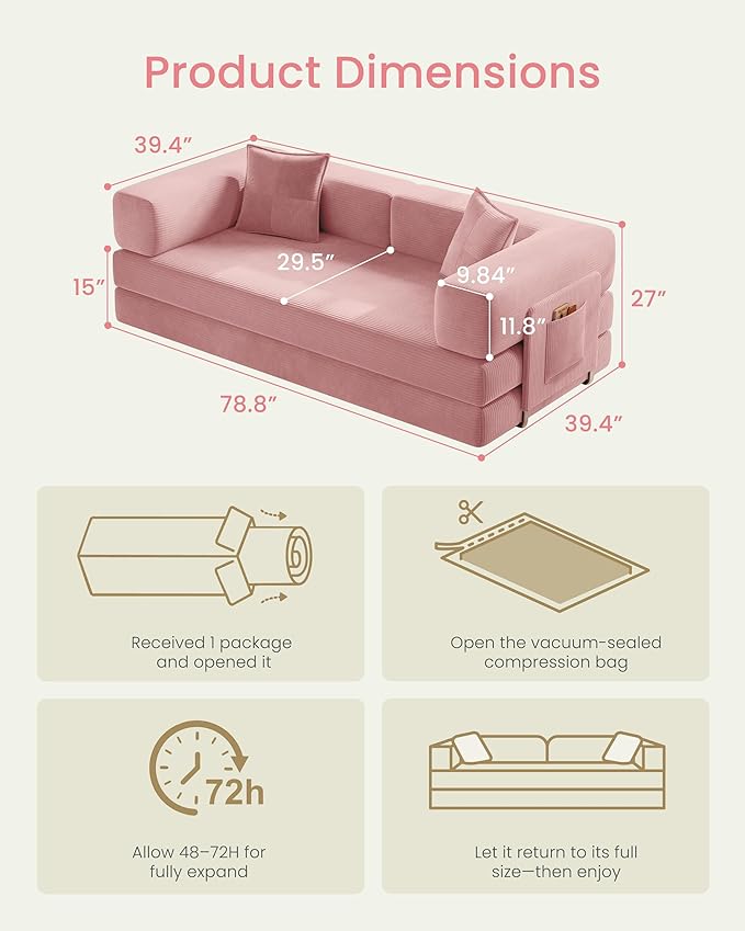78.8" Convertible Futon Sofa Bed,Corduroy Futon Couch with Storage Pocket,Folding Pull Out Sofa,No Assembly Boneless Couch for Living Room | Pink