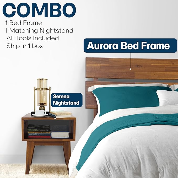 Acacia Aurora King Solid Wood Bed Frame with Headboard – Gift Matching Nightstand Included, Mid-Century Modern Farmhouse, Walnut Finish, 800 lbs Capacity, Sturdy, No Box Spring, Easy Assembly