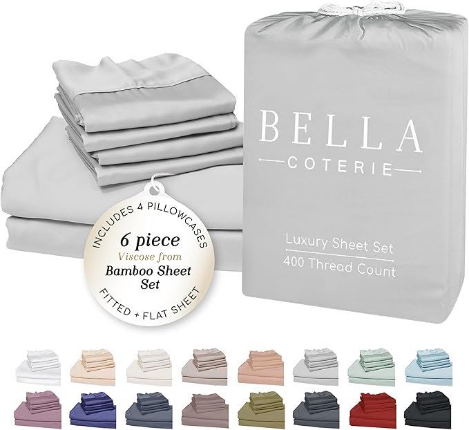 Bella Coterie 6 Piece Luxury Bamboo Viscose Split Top King Size Sheet Set | 34" Split for Adjustable Beds | 100% Organically Grown| Cooling | 18” Deep Pocket | 4 Pillowcases [Grey Mist]
