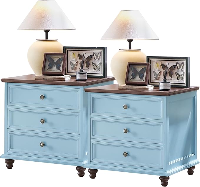24" Wide Farmhouse Night Stand Set of 2,Large End Table with 3 Drawers & Metal Handle,Light Blue Wood Dresser for Bedroom Cabinet, Bed Side Table Chest of Drawers,Nightstand for Living Room