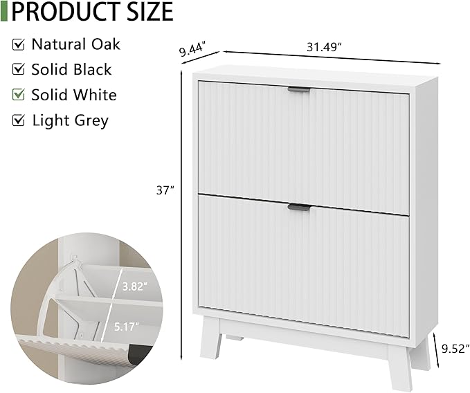 Shoe Cabinet with 2 Flip Drawers, 37" Tall Narrow Fluted Shoe Storage Organizer for Entryway, Hidden Slim Wooden Shoe Rack Cabinet for Front Door Entrance, Hallway, Living Room, Solid White